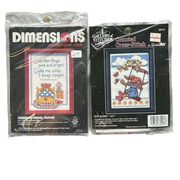Counted Cross Stitch Kits (2) Guardian Angel Prayer & Boy Bunny Both 5x7 Vintage - Picture 1 of 4
